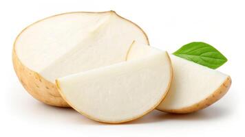 Fresh jicama slices on white surface minimalist food photography crisp texture showcase photo