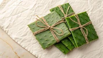 Organic nopal pads bundle textured cream background high-end branding natural environment modern viewpoint photo