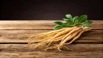 Closeup of fresh ashwagandha roots on rustic wooden table in natural light highlighting earthy tones and organic appeal photo