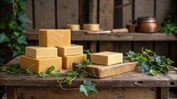 Artisanal wax and vine clippings on wooden workbench natural materials arrangement rustic workshop setting photo