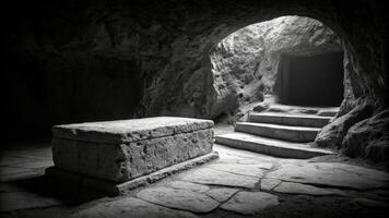 Exploring the empty tomb interior ancient cavern high-contrast black and white image stone environment photo