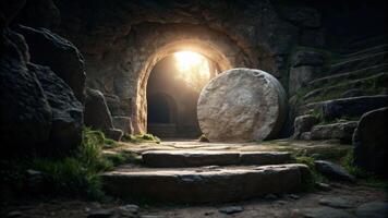 Dramatic scene of an empty tomb with rolled stone glowing light ancient site enigmatic atmosphere photo