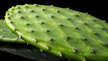 Closeup macro shot of glossy nopal pad isolated on black background highlighting unique surface texture photo