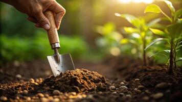 Gardening action hand digging into moist dirt with cork trowel natural light closeup view of soil texture photo
