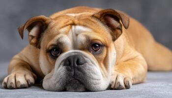 Relaxed bulldog dog resting indoors pet photography cozy environment close-up perspective photo