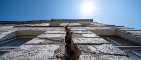 Building damage assessment urban area photograph cracked walls low angle structural integrity photo