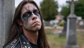 Gothic rocker posing in a cemetery outdoor portrait dark atmosphere artistic viewpoint photo
