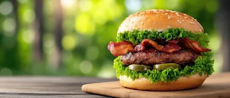 Delicious bacon cheeseburger outdoor setting food photography natural light culinary delight photo