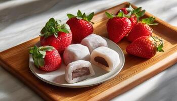 Delicious strawberry mochi dessert kitchen table food photography cozy atmosphere close-up view culinary delight photo