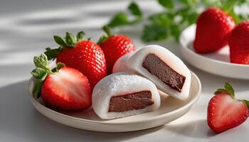 Delicious mochi with chocolate filling and fresh strawberries indoor setting culinary photography bright lighting photo