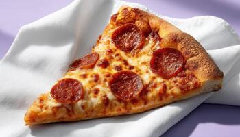Delicious pepperoni pizza slice kitchen table food photography cozy environment close-up culinary delight photo
