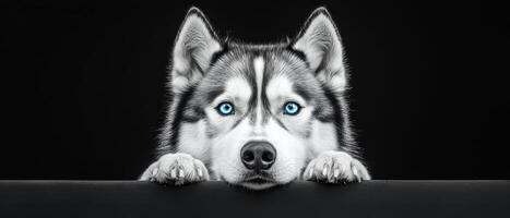 Adorable siberian husky dog peeking over a surface studio setting portrait photography low angle curious expression photo