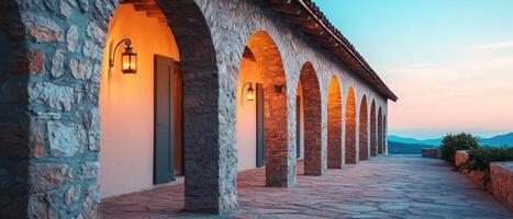 Beautiful evening walkway with arched stone columns serene landscape architectural photography tranquil environment photo