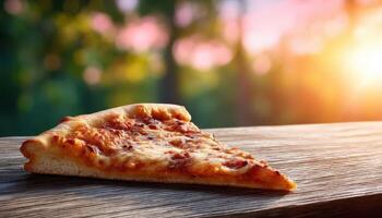 Delicious pizza slice on wooden table nature background food photography sunset glow photo