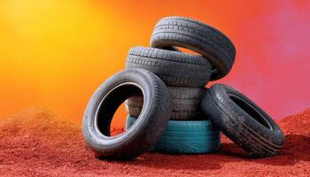 Stacked tires in vibrant sunset industrial environment photography creative concept photo