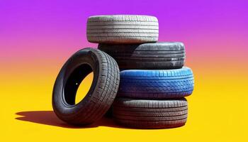 Stacked tires for sale urban marketplace product photography vibrant background close-up shot automotive concept photo