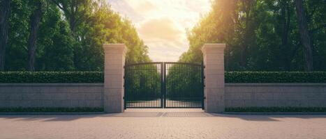 Gates opening to tranquil garden path serene nature setting inviting peaceful retreat photo