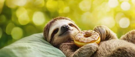 Sloth enjoying a donut in a lush forest fun animal moment nature background close-up view photo