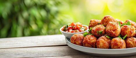 Delicious homemade meatballs with fresh salsa outdoor picnic table food photography natural light culinary art photo
