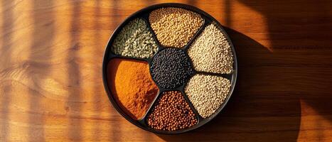 Spices and seasonings display kitchen food photography natural light top-down view culinary art photo