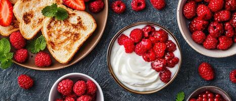 Delicious raspberry and yogurt breakfast kitchen food photography cozy atmosphere overhead view healthy eating photo