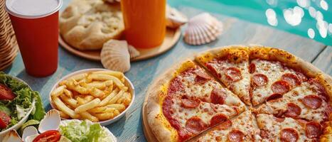 Delicious pizza and fresh salads by the poolside summer feast relaxing environment vibrant colors photo
