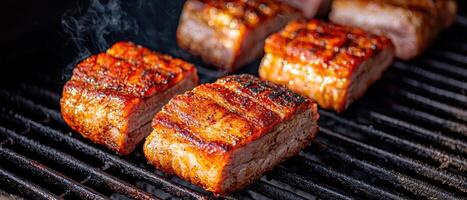 Grilling perfectly seared pork chops backyard bbq food photography outdoor close-up culinary delight photo