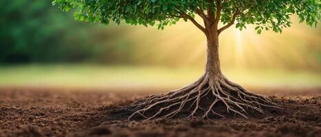 Growing life a tree's roots in nature close-up view of earthy environment photo