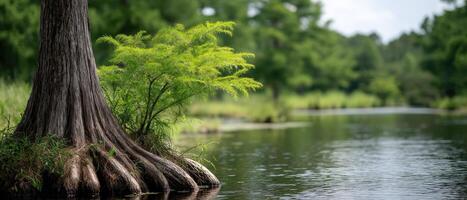 Tranquil river scene featuring cypress tree roots serene wetland environment nature photography photo