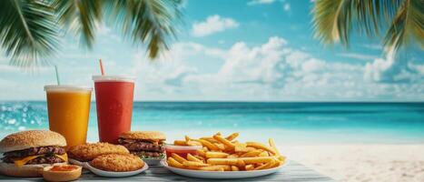 Enjoying delicious burgers and refreshing drinks on a tropical beach stunning ocean view summer vibes photo