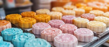 Celebrating traditional mooncake festival with colorful treats in a vibrant market setting photo