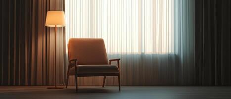 Cozy reading nook with lamp contemporary living room photography warm lighting close-up view comfort design photo