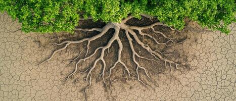 Drought impact on tree roots dry landscape aerial view environmental awareness photo