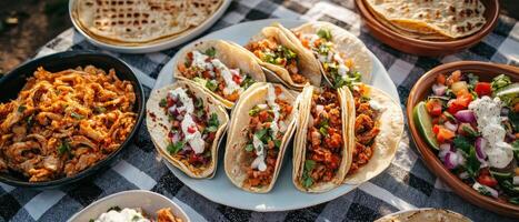 Tasty taco feast outdoor picnic food photography warm atmosphere close-up culinary delight photo