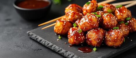 Savory sesame chicken bites kitchen food photography dark background close-up culinary delight photo