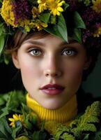 Nature-inspired portrait of a woman adorned with flowers studio photography close-up beauty concept photo