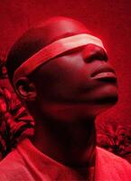 Emotional portrait of a blindfolded individual studio setting photography dramatic lighting close-up perspective photo