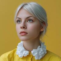 Portrait of a young woman in yellow blouse studio setting fashion photography soft lighting close-up beauty concept photo
