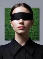 Artistic representation of a blindfolded woman modern art gallery portrait photography minimalistic setting close-up perspective photo