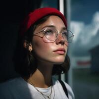 Contemplative moment young woman in urban setting portrait photography natural light thoughtful expression photo