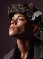Fashion portrait of a model with nature-inspired accessories studio setting artistic concept photo