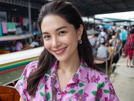 Smiling woman at floating market thailand portrait vibrant environment candid view cultural experience photo