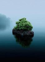 Serene island landscape with lush greenery in misty water environment tranquil viewpoint photo