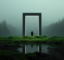 Mysterious doorway in foggy forest nature scene surreal environment perspective and reflection photo