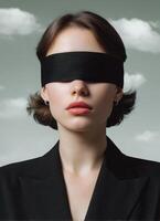 Blindfolded woman in urban setting emotional portrait fashion photography surreal environment photo