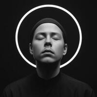 Contemplative portrait of a young man with halo studio setting black and white artistic viewpoint photo