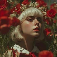 Enchanted portrait of a young woman in a poppy field dreamy atmosphere artistic photography photo