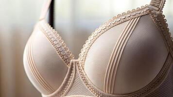 Closeup shot of brassiere fabric and stitching details soft focus lingerie photography elegant craftsmanship photo