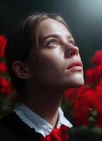Captivating portrait of a thoughtful woman surrounded by red flowers in a serene garden setting photo