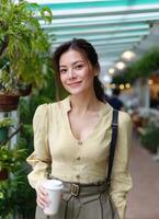 Sipping coffee in urban greenery a casual lifestyle portrait capturing joy and inspiration photo